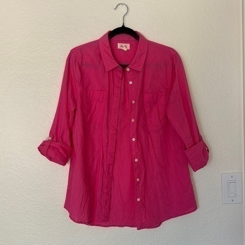 Per Se button down T-shirt, pink cotton linen, medium